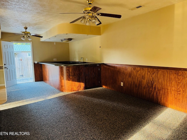 160 Clevenger Cut Off Rd, Newport, TN 37821 - bar area featuring ceiling fan, carpet floors, a wainscoted wall, wood walls, and a textured ceiling