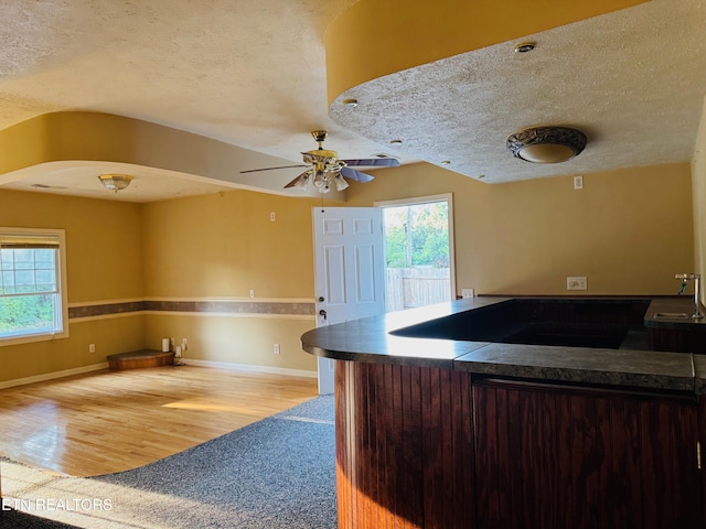 160 Clevenger Cut Off Rd, Newport, TN 37821 - kitchen featuring a textured ceiling, plenty of natural light, wood finished floors, carpet floors, and dark countertops