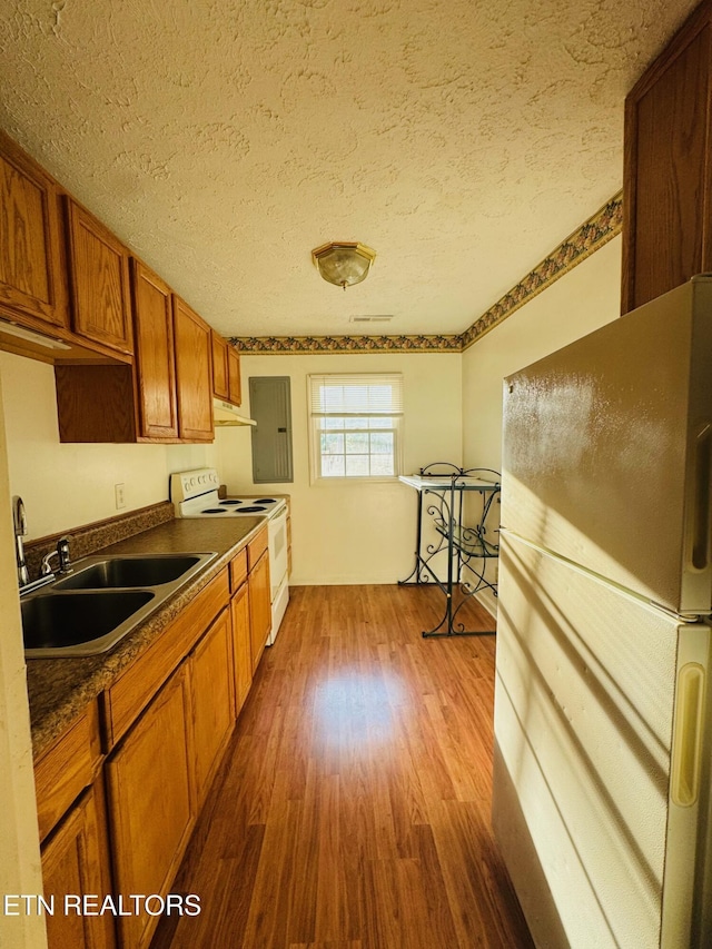 160 Clevenger Cut Off Rd, Newport, TN 37821 - kitchen featuring white appliances, dark countertops, brown cabinets, dark wood finished floors, and under cabinet range hood