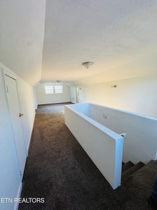 160 Clevenger Cut Off Rd, Newport, TN 37821 - hallway with a textured ceiling, vaulted ceiling, carpet flooring, and an upstairs landing