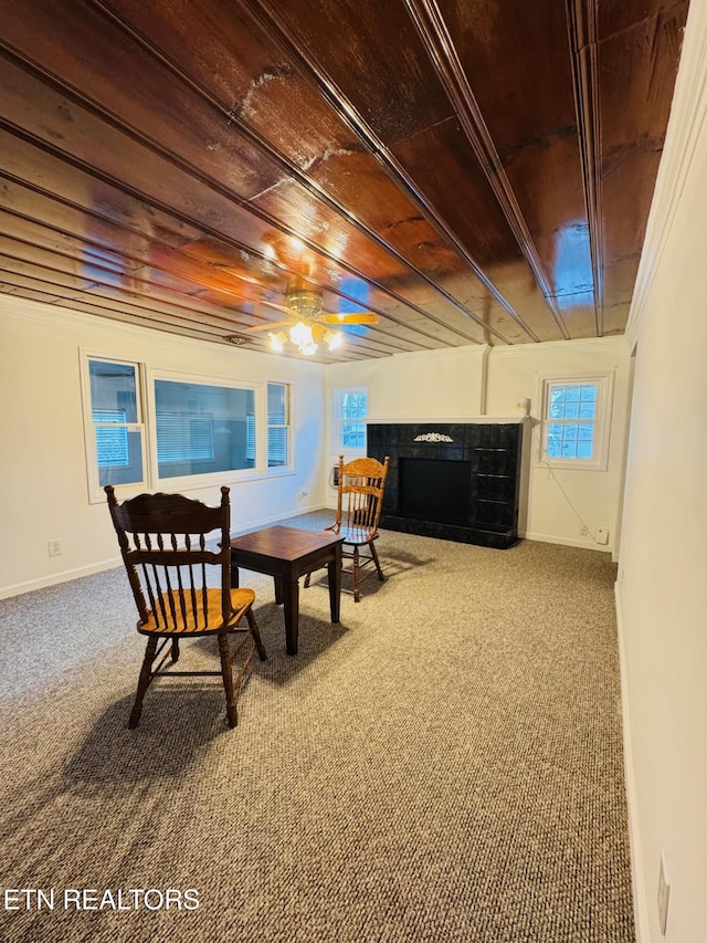 160 Clevenger Cut Off Rd, Newport, TN 37821 - living area featuring a tiled fireplace, wood ceiling, carpet flooring, and healthy amount of natural light