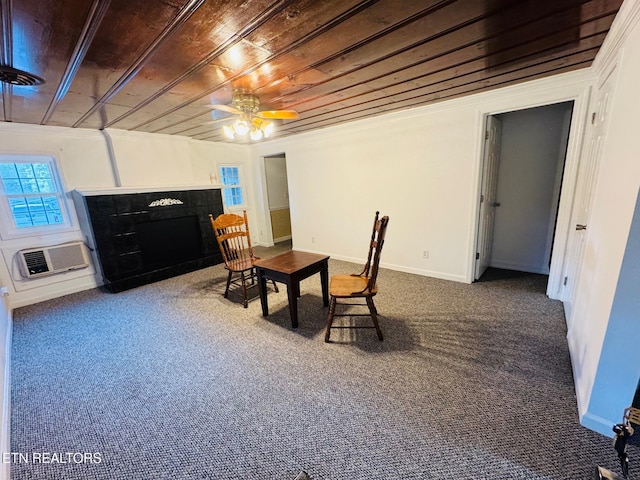 160 Clevenger Cut Off Rd, Newport, TN 37821 - carpeted dining area featuring an AC wall unit, a ceiling fan, a fireplace, and wooden ceiling