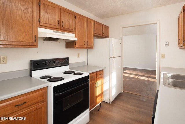 517 Bowman Bend Rd, Harriman, TN 37748 - kitchen featuring range with electric cooktop, under cabinet range hood, dark wood-style flooring, and freestanding refrigerator
