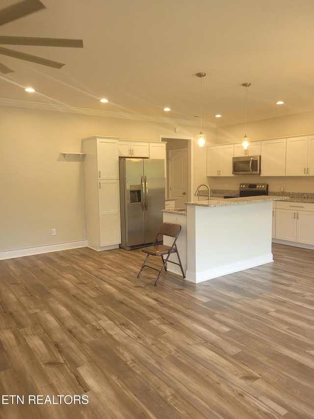 840 Granby Rd, Kingsport, TN 37660 - kitchen with stainless steel appliances, recessed lighting, white cabinetry, a center island with sink, and wood finished floors