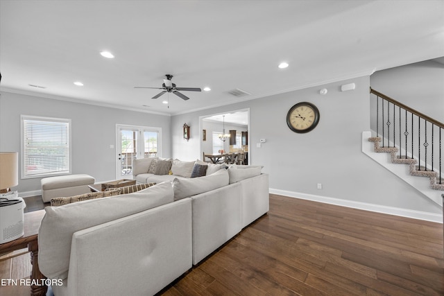 2679 Brooke Willow Blvd, Knoxville, TN 37932 - living room featuring ornamental molding, dark wood-style flooring, ceiling fan, recessed lighting, and stairway
