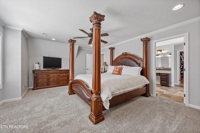 2679 Brooke Willow Blvd, Knoxville, TN 37932 - bedroom with light colored carpet, ornamental molding, recessed lighting, a ceiling fan, and ensuite bath