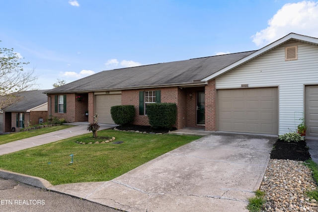 8016 Stablegate Way, Powell, TN 37849 - ranch-style home featuring brick siding, concrete driveway, a front yard, a garage, and roof with shingles