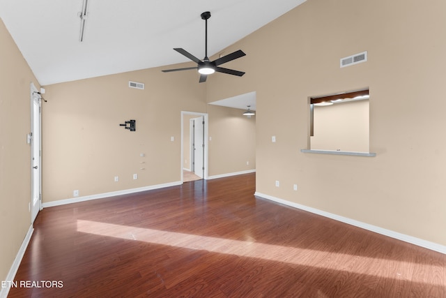 8016 Stablegate Way, Powell, TN 37849 - empty room featuring ceiling fan, high vaulted ceiling, and wood finished floors