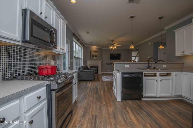 1223 Walnut Branch Ln, Knoxville, TN 37922 - kitchen featuring appliances with stainless steel finishes, a fireplace, open floor plan, dark wood finished floors, and ceiling fan