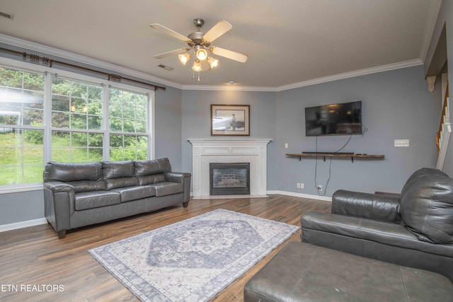 1223 Walnut Branch Ln, Knoxville, TN 37922 - living room with wood finished floors, ceiling fan, ornamental molding, and a tiled fireplace