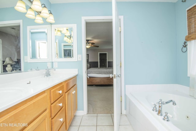 1223 Walnut Branch Ln, Knoxville, TN 37922 - ensuite bathroom featuring tile patterned floors, a garden tub, double vanity, a chandelier, and ceiling fan