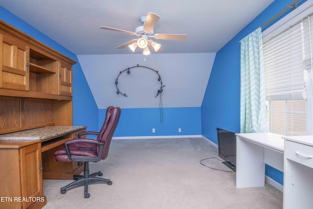 1223 Walnut Branch Ln, Knoxville, TN 37922 - office area featuring light carpet, lofted ceiling, ceiling fan, and built in desk