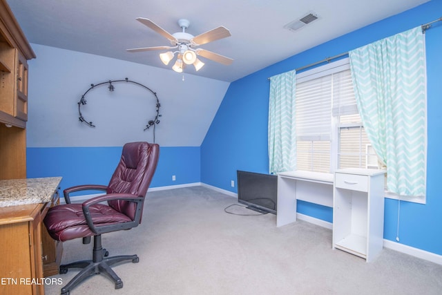 1223 Walnut Branch Ln, Knoxville, TN 37922 - office area featuring carpet floors, a ceiling fan, lofted ceiling, and track lighting