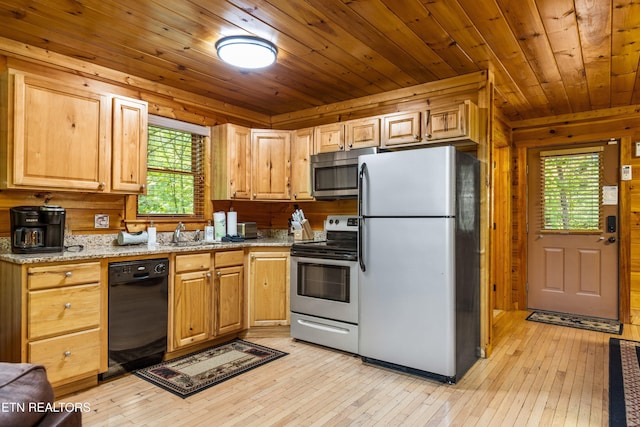 4110 Kidds Way Unit 6, Gatlinburg, TN 37738 - kitchen featuring appliances with stainless steel finishes, light wood-style floors, wooden ceiling, wooden walls, and light stone counters