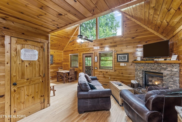 4110 Kidds Way Unit 6, Gatlinburg, TN 37738 - living area featuring plenty of natural light, wooden ceiling, wooden walls, light wood-style flooring, and a fireplace