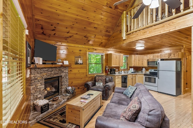 4110 Kidds Way Unit 6, Gatlinburg, TN 37738 - living area with a stone fireplace, light wood finished floors, wood walls, a ceiling fan, and wooden ceiling