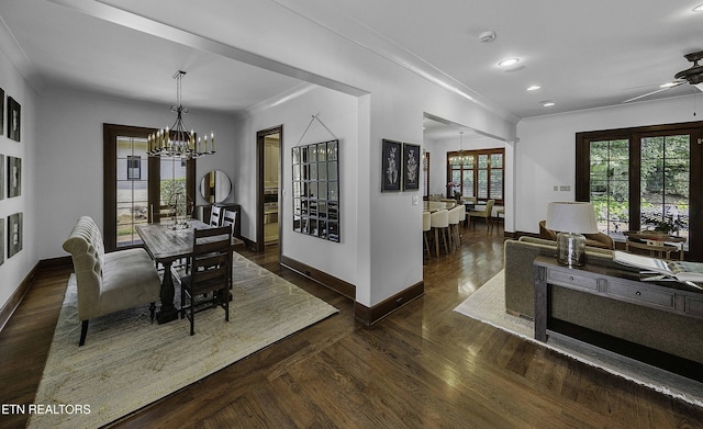 11211 Matthews Cove Ln, Knoxville, TN 37934 - dining space with a chandelier, crown molding, wood finished floors, recessed lighting, and ceiling fan