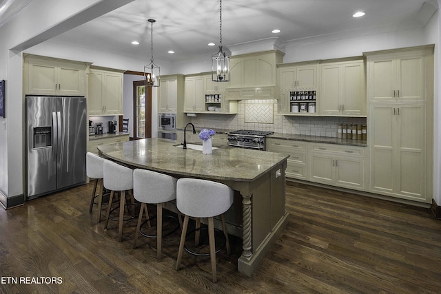 11211 Matthews Cove Ln, Knoxville, TN 37934 - kitchen featuring stainless steel appliances, open shelves, a breakfast bar area, backsplash, and ornamental molding