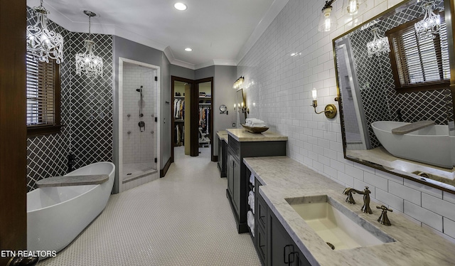 11211 Matthews Cove Ln, Knoxville, TN 37934 - full bath with tile walls, vanity, a stall shower, ornamental molding, and a walk in closet