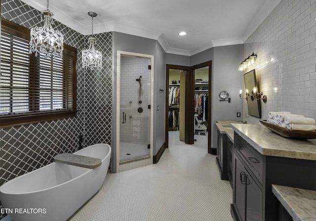 11211 Matthews Cove Ln, Knoxville, TN 37934 - full bathroom featuring a chandelier, a shower stall, vanity, a spacious closet, and a freestanding tub