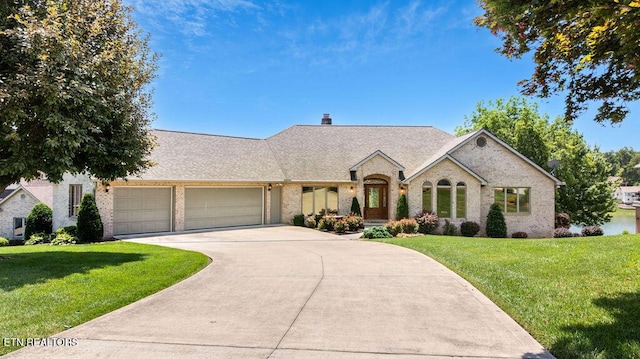 136 Oostagala Dr, Loudon, TN 37774 - french country inspired facade with brick siding, an attached garage, concrete driveway, a front yard, and a chimney