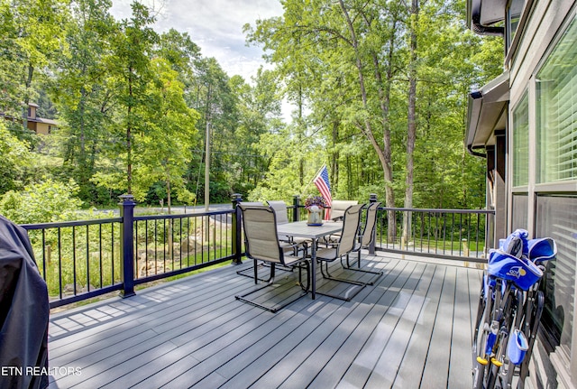 1429 Alpine Dr, Sevierville, TN 37876 - wooden deck featuring outdoor dining area and view of wooded area