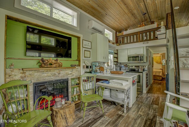 1429 Alpine Dr, Sevierville, TN 37876 - kitchen featuring stainless steel appliances, wooden ceiling, a wall mounted AC, dark wood-style floors, and white cabinetry