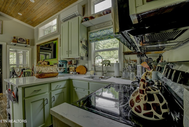 1429 Alpine Dr, Sevierville, TN 37876 - kitchen featuring an AC wall unit, light countertops, wood ceiling, a peninsula, and plenty of natural light