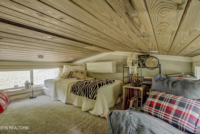 1429 Alpine Dr, Sevierville, TN 37876 - bedroom featuring wooden ceiling, an AC wall unit, carpet floors, and vaulted ceiling