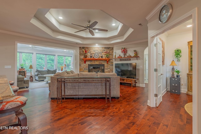 135 Chanusi Way, Loudon, TN 37774 - living area with a ceiling fan, dark wood-type flooring, a raised ceiling, a fireplace, and ornamental molding