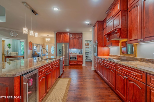 135 Chanusi Way, Loudon, TN 37774 - kitchen featuring beverage cooler, stainless steel appliances, crown molding, decorative light fixtures, and light stone counters