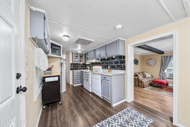 502 Midnight Dr, Byrdstown, TN 38549 - kitchen featuring white dishwasher, gray cabinets, dark wood finished floors, range, and tasteful backsplash