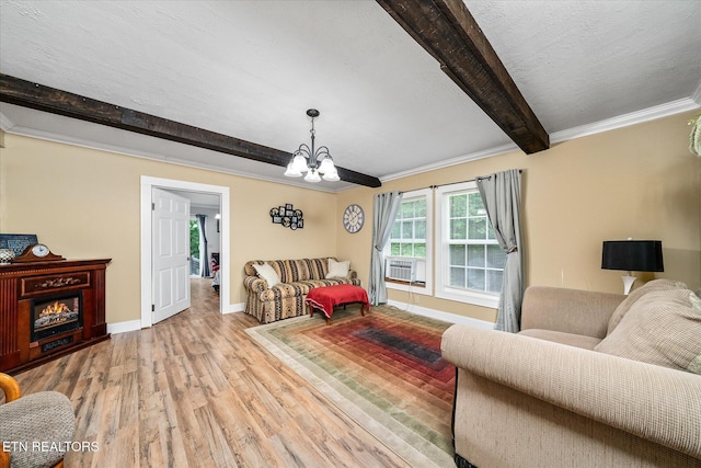 502 Midnight Dr, Byrdstown, TN 38549 - living area with beam ceiling, wood finished floors, a chandelier, and ornamental molding