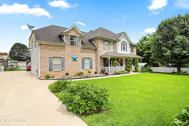 7110 Royal Springs Blvd, Knoxville, TN 37918 - view of front of home featuring covered porch, brick siding, concrete driveway, and roof with shingles