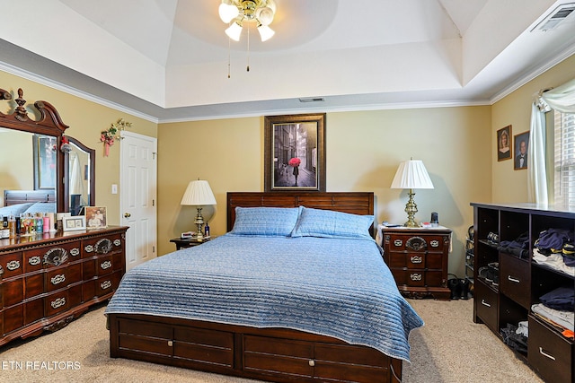 7110 Royal Springs Blvd, Knoxville, TN 37918 - bedroom with light colored carpet, a tray ceiling, ornamental molding, and a ceiling fan