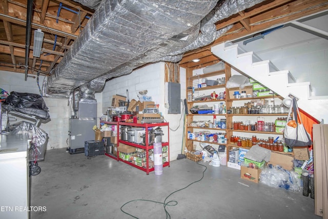 506 Blockhouse Valley Rd, Clinton, TN 37716 - unfinished below grade area featuring concrete block wall, electric panel, and stairs