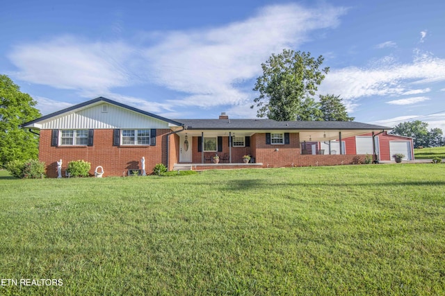506 Blockhouse Valley Rd, Clinton, TN 37716 - ranch-style home with brick siding, a front lawn, a chimney, and a garage