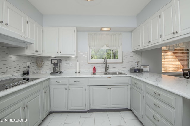 506 Blockhouse Valley Rd, Clinton, TN 37716 - kitchen featuring extractor fan, white cabinetry, light marble finish floors, decorative backsplash, and black electric stovetop