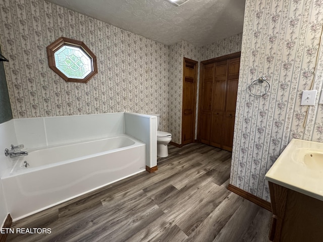 109 Henry Mayfield Rd, Tellico Plains, TN 37385 - bathroom with wallpapered walls, wood finished floors, a garden tub, vanity, and a textured ceiling