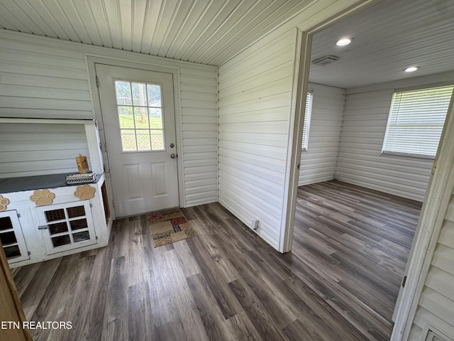 109 Henry Mayfield Rd, Tellico Plains, TN 37385 - doorway featuring dark wood-style floors, recessed lighting, and wood walls