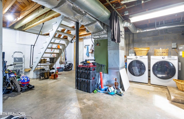 7908 Collier Rd, Powell, TN 37849 - unfinished below grade area with independent washer and dryer, concrete block wall, and stairs