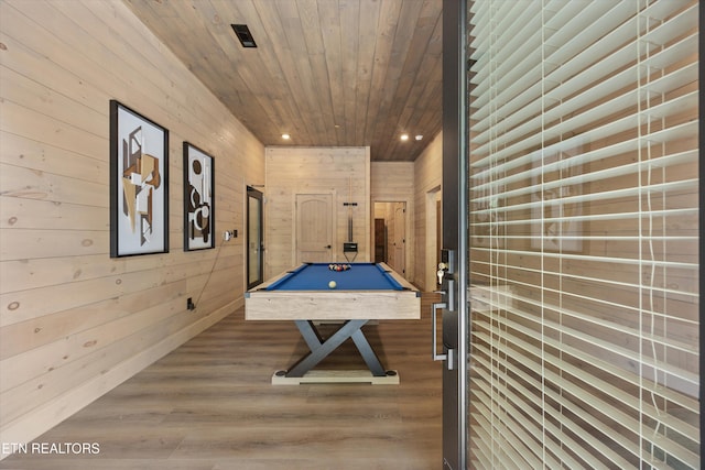1646 Bear Valley Rd, Sevierville, TN 37876 - rec room with wooden ceiling, wood walls, pool table, wood finished floors, and recessed lighting