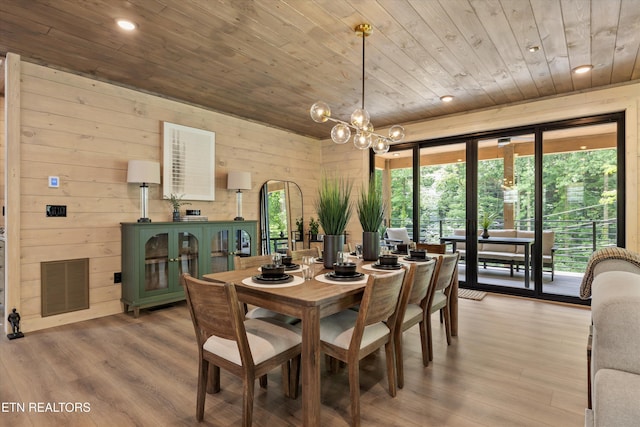 1646 Bear Valley Rd, Sevierville, TN 37876 - dining area with wooden ceiling, wood finished floors, a chandelier, wood walls, and recessed lighting