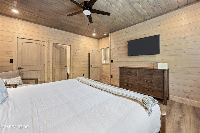 1646 Bear Valley Rd, Sevierville, TN 37876 - bedroom featuring wood finished floors, wooden ceiling, wooden walls, recessed lighting, and a ceiling fan