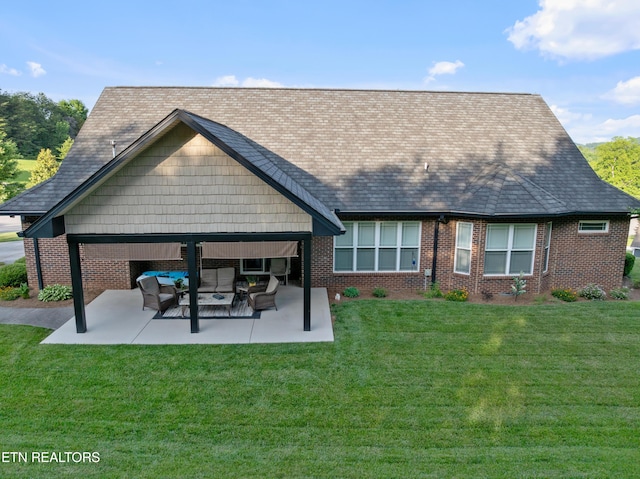 5484 Shadow Branch Ln, Corryton, TN 37721 - rear view of house featuring outdoor lounge area, a patio, a lawn, and brick siding