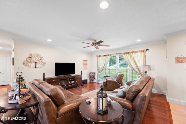 5484 Shadow Branch Ln, Corryton, TN 37721 - living area featuring a ceiling fan, wood finished floors, recessed lighting, and crown molding