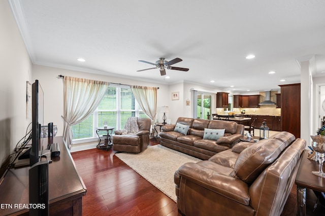 5484 Shadow Branch Ln, Corryton, TN 37721 - living room with a ceiling fan, dark wood-style floors, crown molding, and recessed lighting