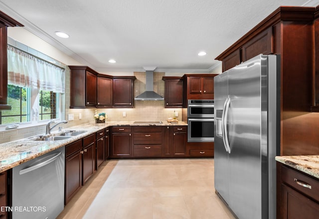 5484 Shadow Branch Ln, Corryton, TN 37721 - kitchen with stainless steel appliances, wall chimney exhaust hood, ornamental molding, tasteful backsplash, and light stone counters