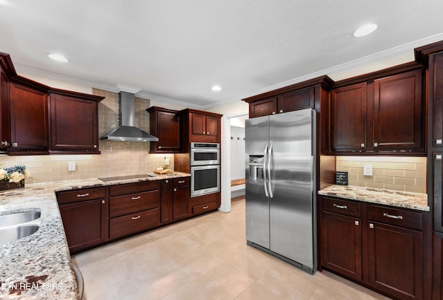 5484 Shadow Branch Ln, Corryton, TN 37721 - kitchen with stainless steel appliances, wall chimney range hood, ornamental molding, light stone counters, and backsplash