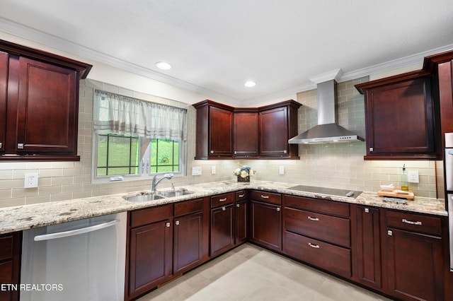 5484 Shadow Branch Ln, Corryton, TN 37721 - kitchen featuring wall chimney exhaust hood, stainless steel dishwasher, dark brown cabinets, ornamental molding, and black electric stovetop